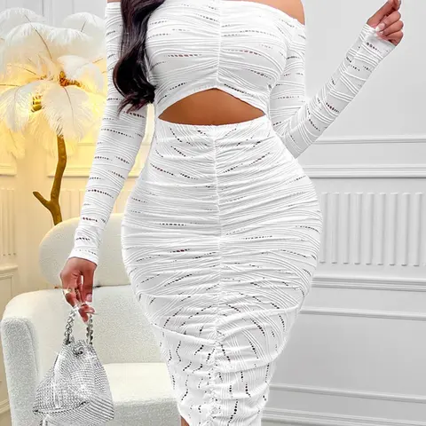 Women's Off the Shoulder Ruched Cut Out Bodycon Dress Fit, Elegant Fashion Long Sleeve Hollow Out Knee Length Dress for Party Club Dating Wear, Ladies Dress for All Seasons