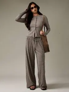 MISSGUIDED Striped Button Up Cardigan And Wide Leg Pants Set