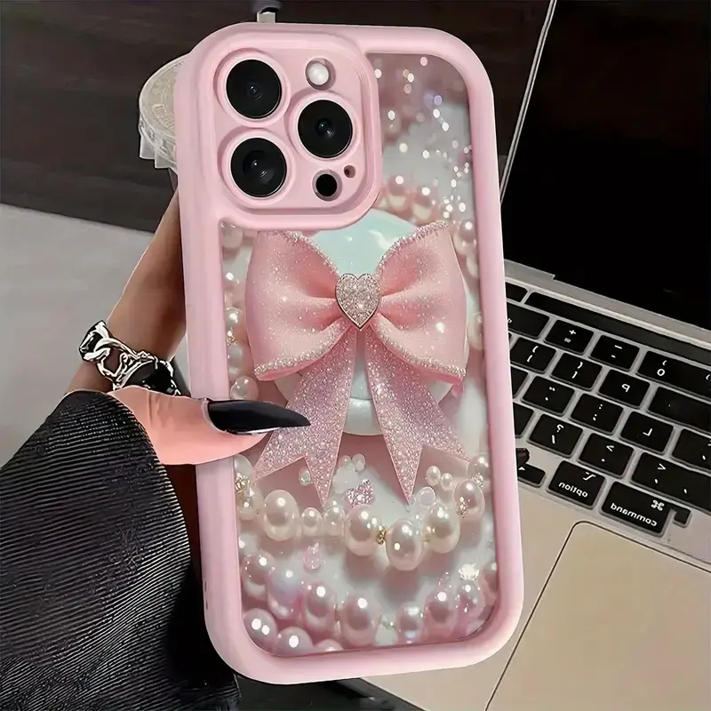 Pearl Bow Design Aesthetic Phone Case Protector Casing, Replacement Shell Cover, Shockproof Smartphone Cover, Full Body Shockproof Protective Tpu Cover, Anti-Fingerprint Scratch Resistant, Fits iPhone 11-16 Pro Max