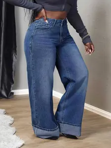 Women's Plus Size Comfortable Washed Denim Straight Leg Pants, Fitted Plain Design, All Seasons Fashion, Versatile Jeans for Women