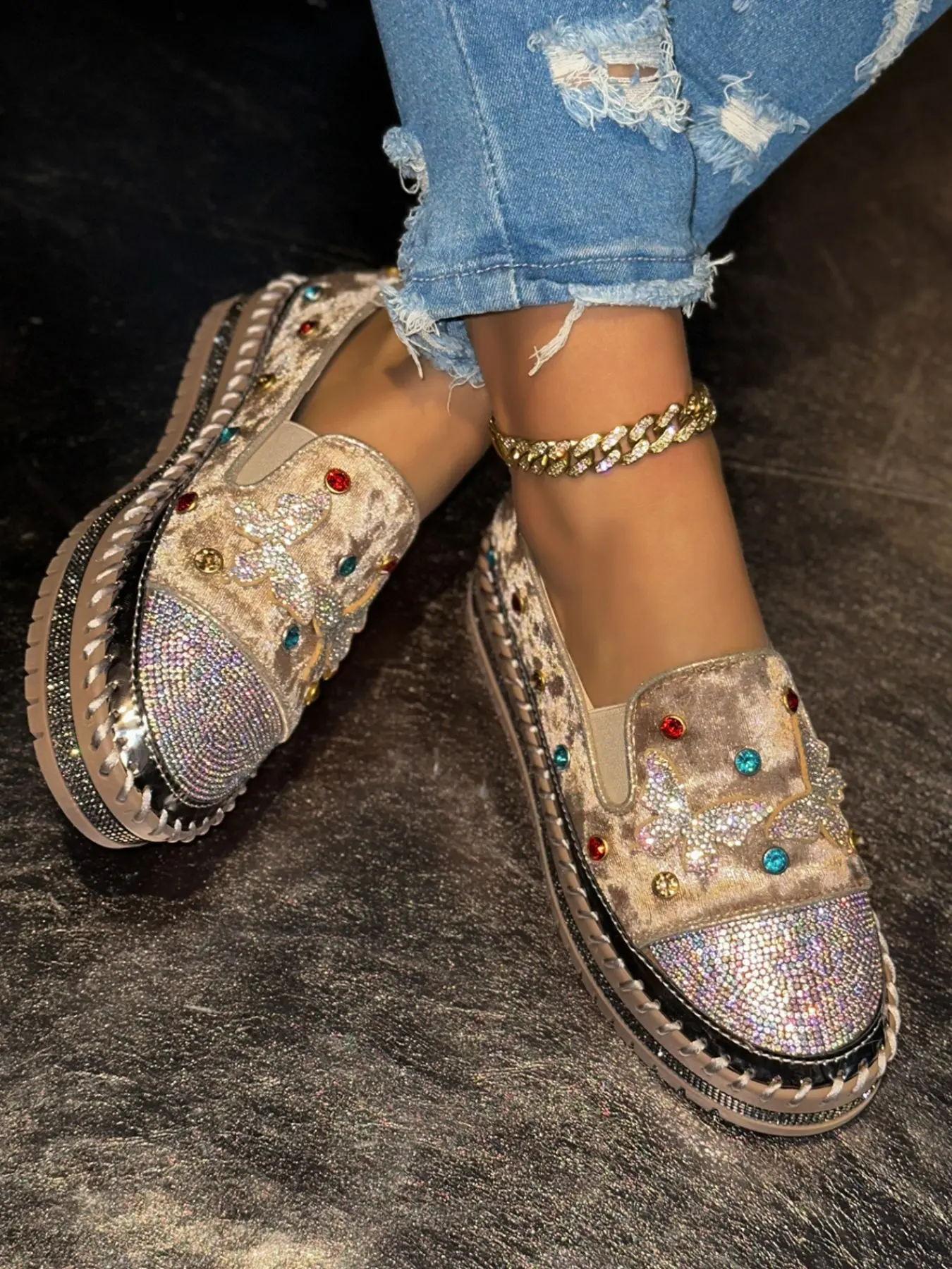Women's Fashion Casual Shoes, Sparkling Rhinestone Bow Low Top Lace-Up Design, Trendy All Season Sneakers, Medium Width Round Toe