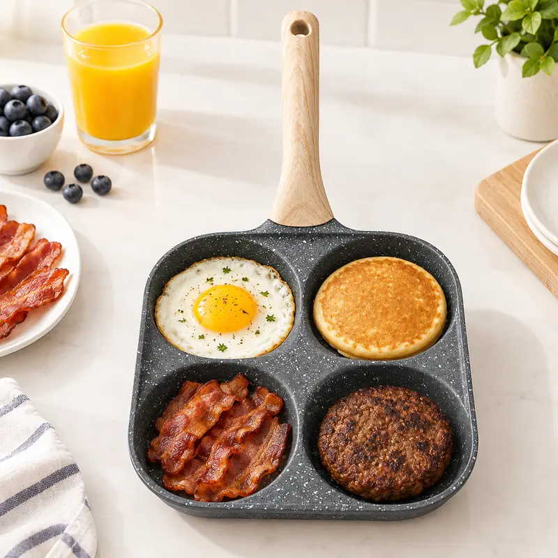 4-Hole Compact Nonstick Aluminum Frying Pan - 4-Cup, 1" Egg Groove, Induction-Safe, Wooden Grip Handle, Easy-Care, Family-Friendly Kitchen Cookware for Omelette & Egg Cooking