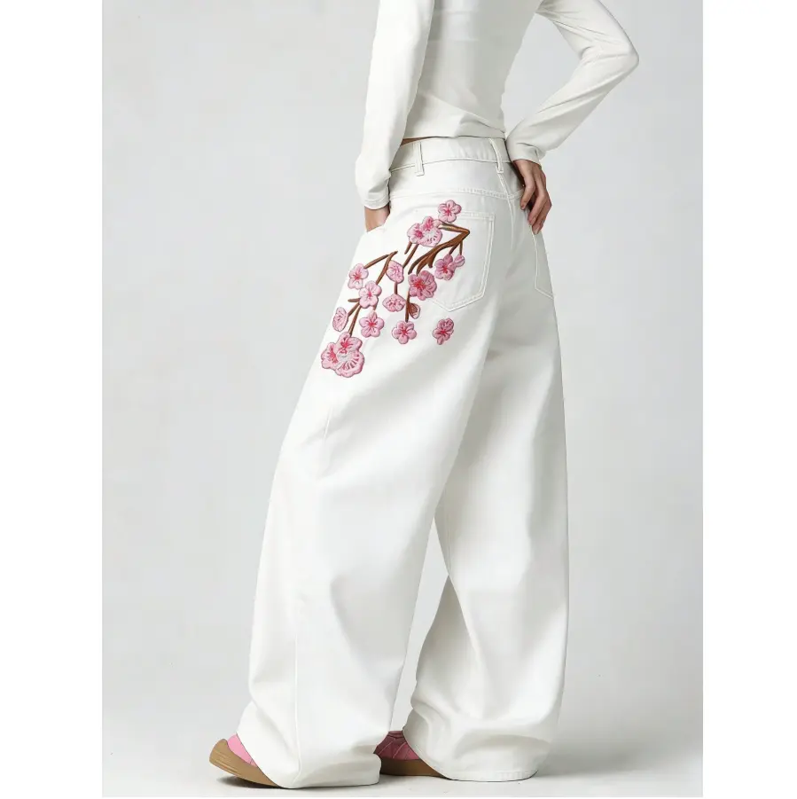 Korean Street Style Embroidered Wide Leg Denim Jeans | Casual Black Y2K Baggy Pants