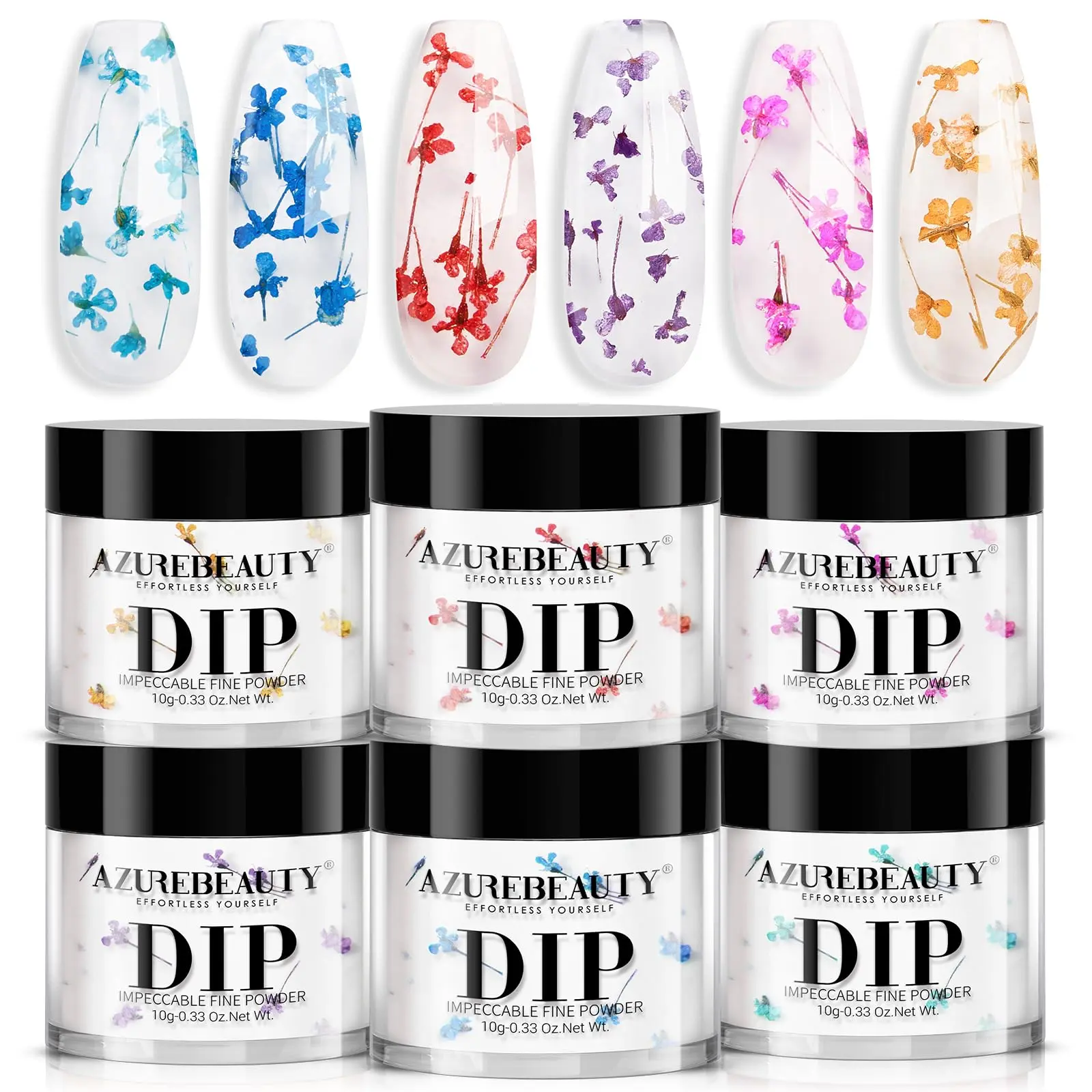 AZUREBEAUTY Dip Powder Nail Transparent Crystal Dried Flower Spring Set, Blue Purple Pink Yellow 6 Colors Natural Real Clear Dipping Powder Starter Kit Nail Art Manicure Salon, No Need Nail Lamp Cured