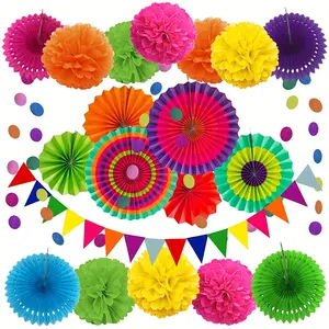 20pcs Vibrant Paper Fan and Pom Pom Set, Colorful Party Decorations for Birthday, Wedding, Fiesta, Mexican Celebrations, Birthday Party Decorations, Perfect for Winter, New Year, Halloween Decorations, Christmas Decorations