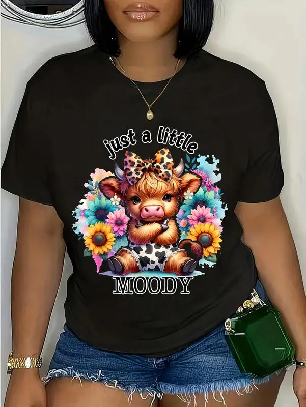 Cotton Just A Little Moody Cute Attitude Highland Cow Sunflowers T-Shirt