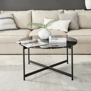 Round Contemporary Marble Finish Veneer Top Black Metal Large Coffee Table