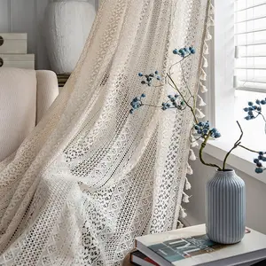 Bohemian Vintage Fringe Lace Curtain, Cream Soft Light Privacy Sunscreen Floral Drapes, Cozy Atmosphere Room Decor Curtains 1pc