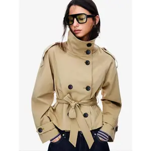 Women's High-End Aesthetic Woven Trench Coat - Stand Collar, Curved Shoulder, 2-Button Fitted Waist, Long-Sleeve, Premium Fabric Tops for Casual Commuters