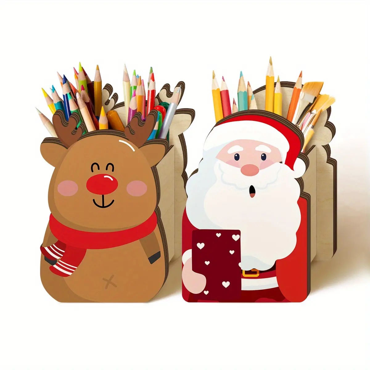 2Pcs Pencil Holder Wooden Pencil Dispenser, Santa Claus and Elk Shapes Pen Holders, Christmas gifts, Dispenser Storage Organizer for Classroom Office Desk, Wooden Storage Box, Christmas Desk Decor Gift for Colleagues and Family