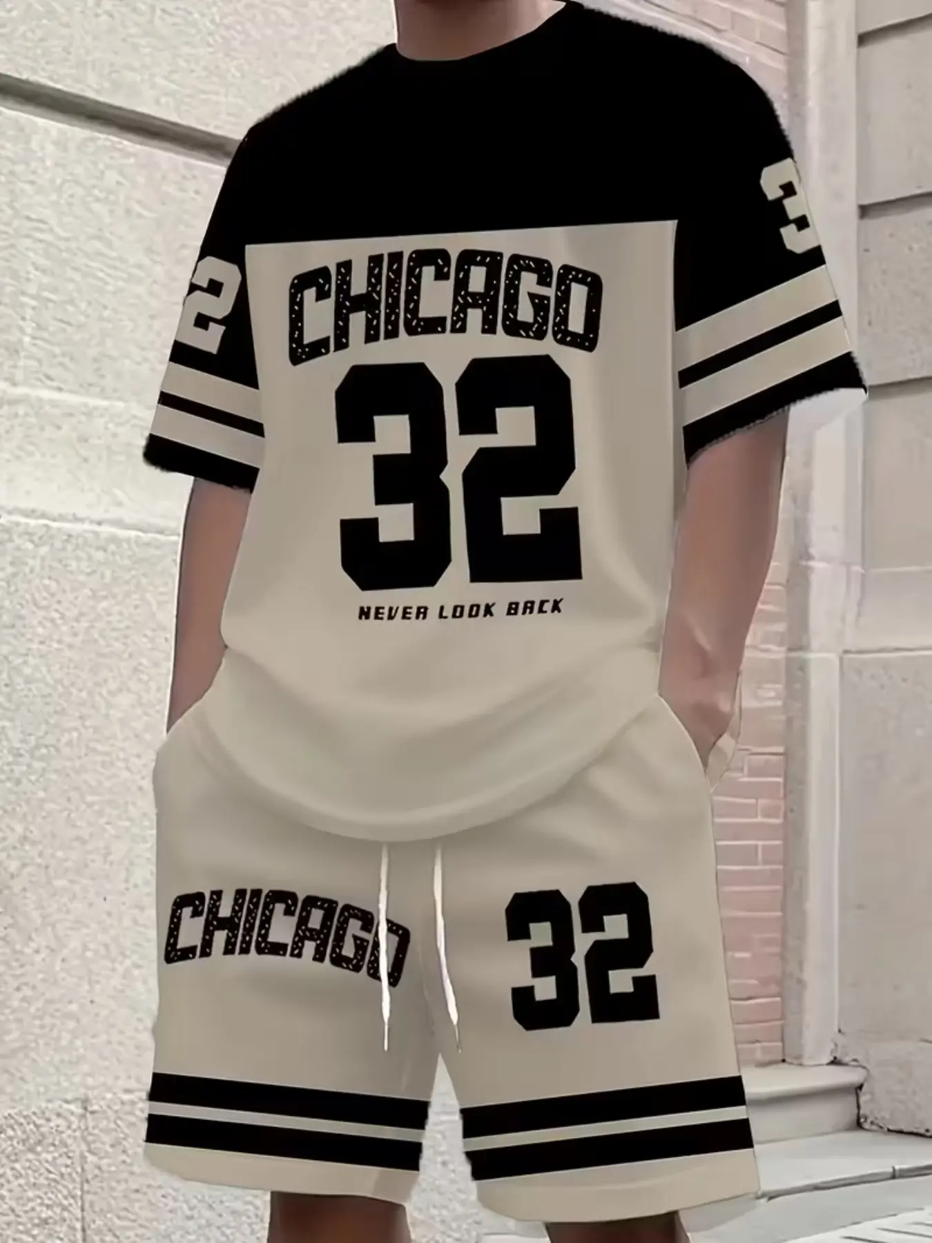 Men's Colorblock T-Shirt Shorts Set, Bold '32' Design, Chicago Word Pattern, Breathable Regular Fit, Casual Wear, Clothes