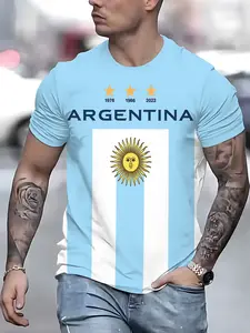 Men's 3D Print Argentina Culture T-Shirt, Casual Short Sleeve Round Neck Top, Breathable Fabric, All Seasons Wear