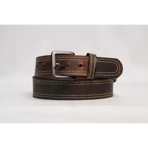 Double Stitch Brown Crazy Horse Belt with White Stitching and Silver Buckle for Men