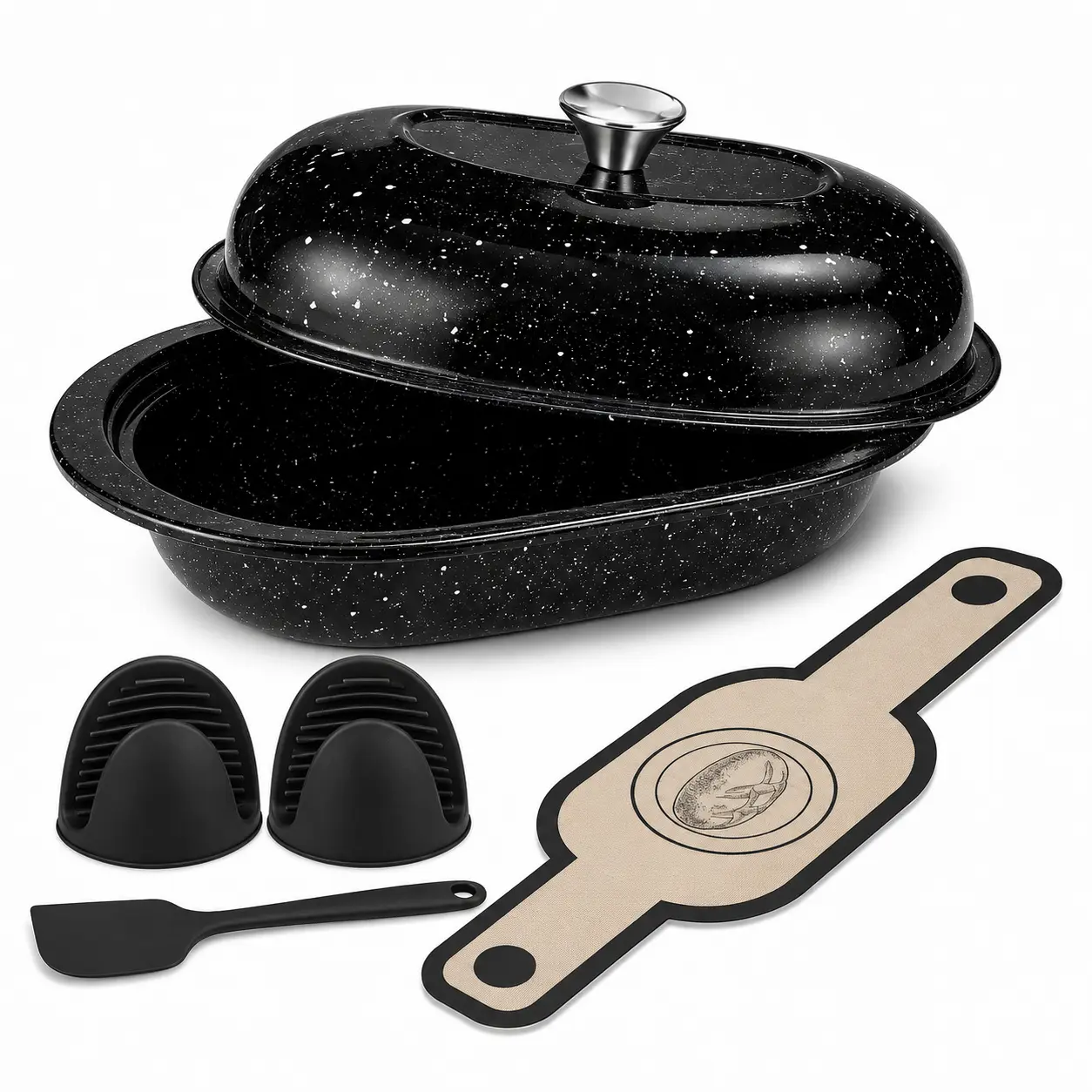 Black Oval Enamel Bread Baker for Sourdough & Artisan Bread, High-Domed Lid Bread Baking Pot, Homemade Bread Oven Baker Set with Silicone Mitts, Spatula and Bread Baking Sling