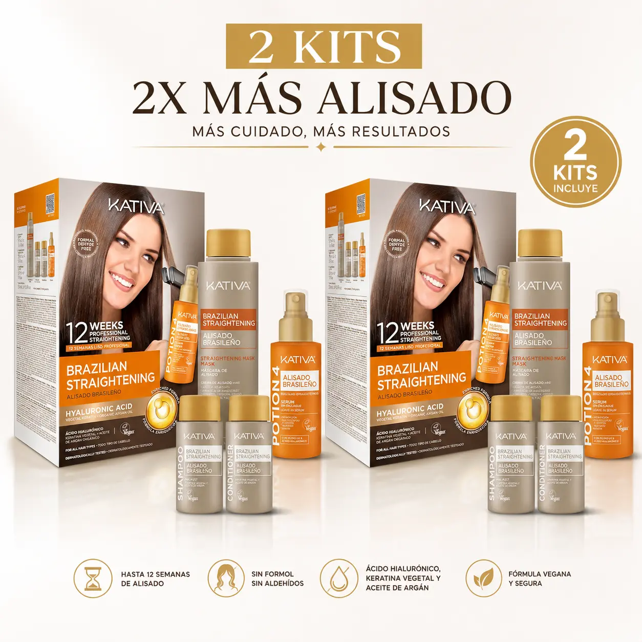 2 Pack KATIVA Brazilian Keratin Straightening Kit with Potion 4 Heat Protectant Serum – Anti-Frizz Hair Smoothing Treatment, Hyaluronic Acid, Argan Oil, Vegan, Lasts Up to 12 Weeks