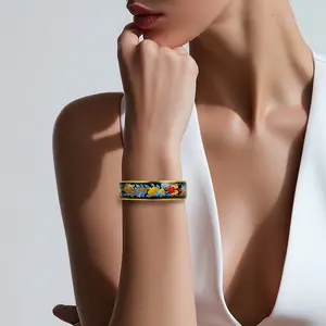 Pre-owned Hermes Multicolor & Gold Enamel Wide Leaves and Flowers Printed Bangle 70 with Intricate Design and Gold Finish