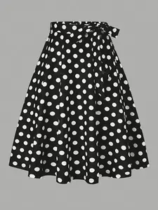 Polka Dot Print Belted Flare Skirt, Women's Casual High Waist A-Line Dress, Summer Fashion, Comfortable and Stylish, Flared
