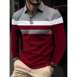 tiktok shop storeMen's Patchwork Print Long Sleeve Polo Shirt, Regular Fit Casual Button Front Collared Top for Fall & Winter, Polo Tee, Men's Clothes for Daily Wear Longsleeves