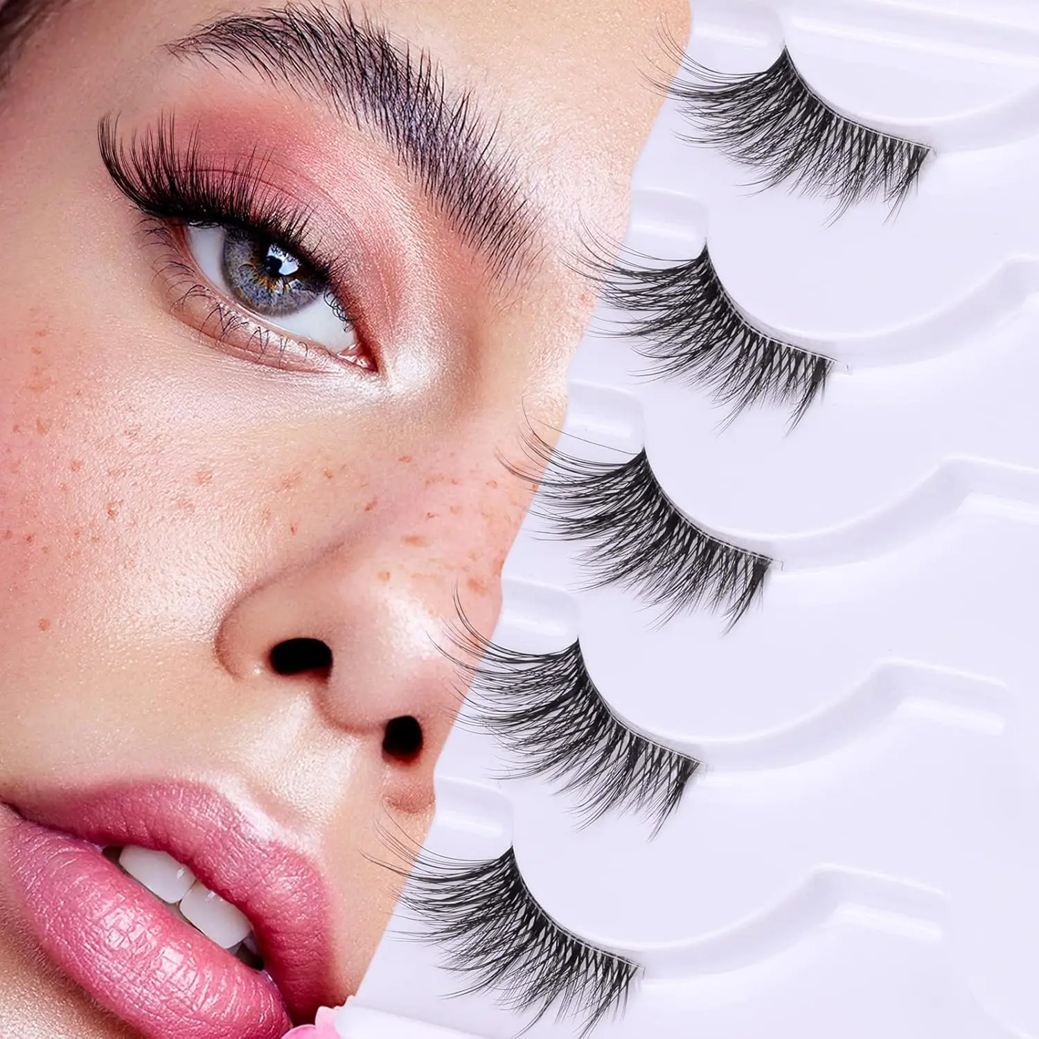 3/4 Length Wispy Half Cosmetic False Lashes - Natural Makeup Volume Cat Eye Style, Soft Handmade Reusable Set, Eyelash Extension Alternative