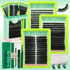 Lashsun 640PCS 3 Styles D Curl Cat/Mega/Volume Lash Clusters Kit, Eyelashes in One Kit, Bond&Seal Remover Tweezers for Beginners & Pro, DIY at Home, Comfortable Cluster Lashes Easy Apply for Daily Makeup, Volume false lashes