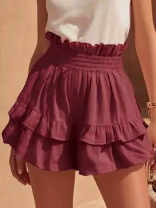 Women's Summer Solid Color Cotton Linen High Waist Shorts, Elastic Waist Loose-Fitting Casual Pants, Fashionable Leaf Edge Design, Womenswear