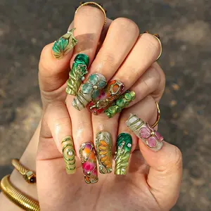 Alice WonderNails - Botanica Long Square Press-On Nails – Vibrant Green Floral 3D Nail Set, Handmade Nails for Fairy-Tale | Wedding Gift For Her- AW07