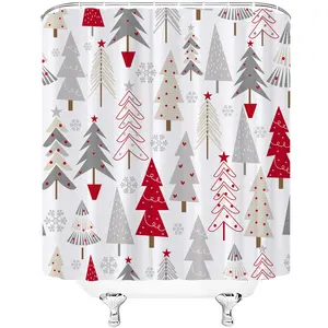 PAUSEBOLL Merry Christmas Tree Shower Curtains for Bathroom White Grey Red Xmas Tree Snowflake Pine Tree Forest Winter Holiday Bathroom Decor Happy New Year Bathroom Waterproof Shower Curtain with Plastic Hooks, 72x72 Inch