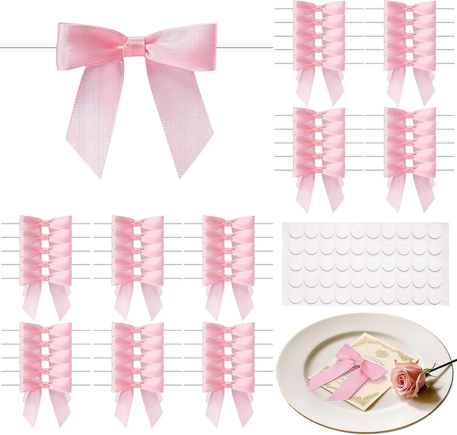 50 Pcs Pink Mini Bows 2.75 Inch Twist Tie Bows, Pink Bows for Gift Wrapping | Satin Ribbon Bows for DIY Crafts, Party Decorations, Baby Shower, Birthday, Wedding Decor, Gift Bags