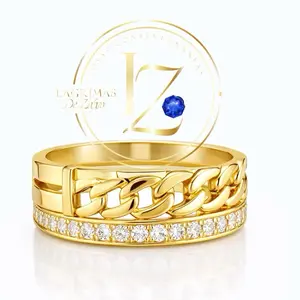 COD#1026 Cuban Luxe Band Ring with Zircon Gold Plated Chain Design for Men and Women