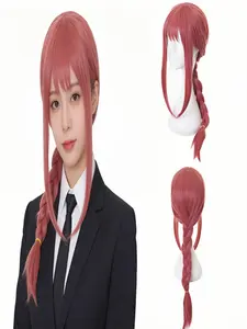 Half and Half Long Rose Red Pink Braid Wig with Bangs Anime Red Cosplay Wig 28'' Synthetic Hair for Women Halloween Costumes Party