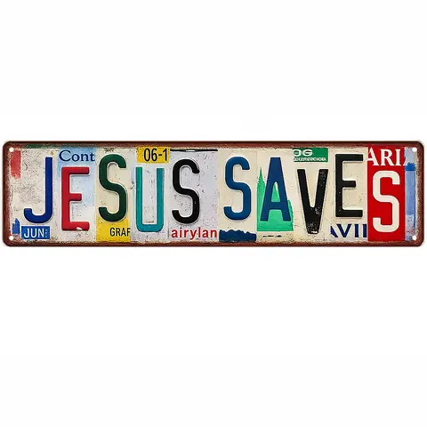 Vintage Distressed Jesus Saves Metal Tin Wall Sign - 16x4 in Religion Plaque, Faith Over Fear God Is Good Decor for Bedroom, Men's Room Home License Plate