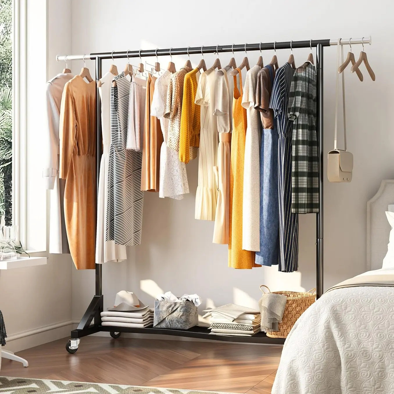 Raybee Clothes Rack, 400LBS Clothing Rack for Hanging Clothes 200+, Extendable Rolling Clothes Rack with Sturdy Wheels & Shelves, Portable Garment Rack,Clothes Coat , Black