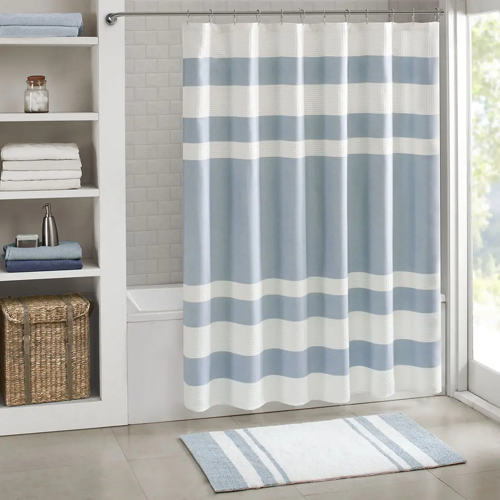 Blue 72x84 Inch Fabric Shower Curtain with Water-Repellent and Mildew-Resistant 3M Finish for Standard Tubs and Showers