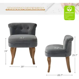 HULALA HOME Velvet Vanity Stool with Low Back, Modern Vanity Chair with Solid Wood Legs, Small Upholstered Makeup Chair Home Decor for Bedroom Living Room Dressing Table, Women Girls, Grey