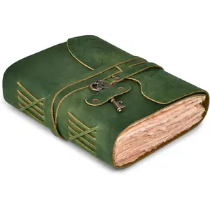 LEATHER VILLAGE Vintage Leather Journal – 200 Handmade Vintage Deckle Edge Paper – Leather Bound Journal for Women Men – Vintage Key Closure - Book of Shadows - Green - 8X6 Inches (A5)