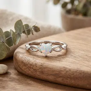 Heart-Shaped Opal Ring for Women – Minimalist Silver Birthstone Promise Ring, Elegant Engagement Wedding Jewelry Gift for Girlfriend, Wife, Anniversary, Birthday & Valentine’s Day