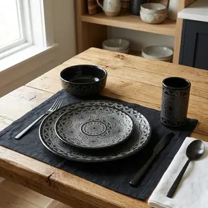 Black Stoneware 4-Piece Place Setting - Plates, Bowl & Cup | Handmade Mexican Pottery