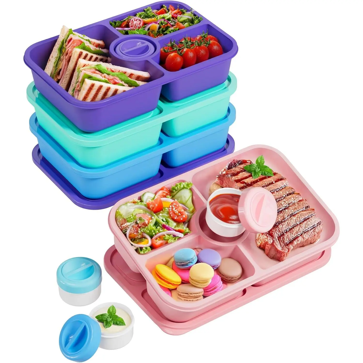 4 count Bento Snack Box Containers, 4 Compartment Divided Stackable  Storage Containers with , Meal Prep Lunch Container with 4 Sauce Cups