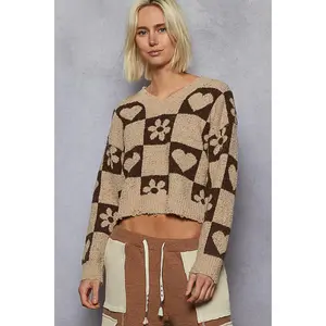 POL V-Neck Heart Pattern Checkered Sweater