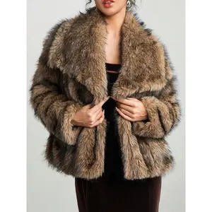 Women's Faux Fur Fuzzy Jacket - Casual Long Sleeve Collared Coat for Fall & Winter, Fitted Minimalist Basic Outerwear in Pebble Lime Womenswear Tops Fitted Essential Outfit Solid