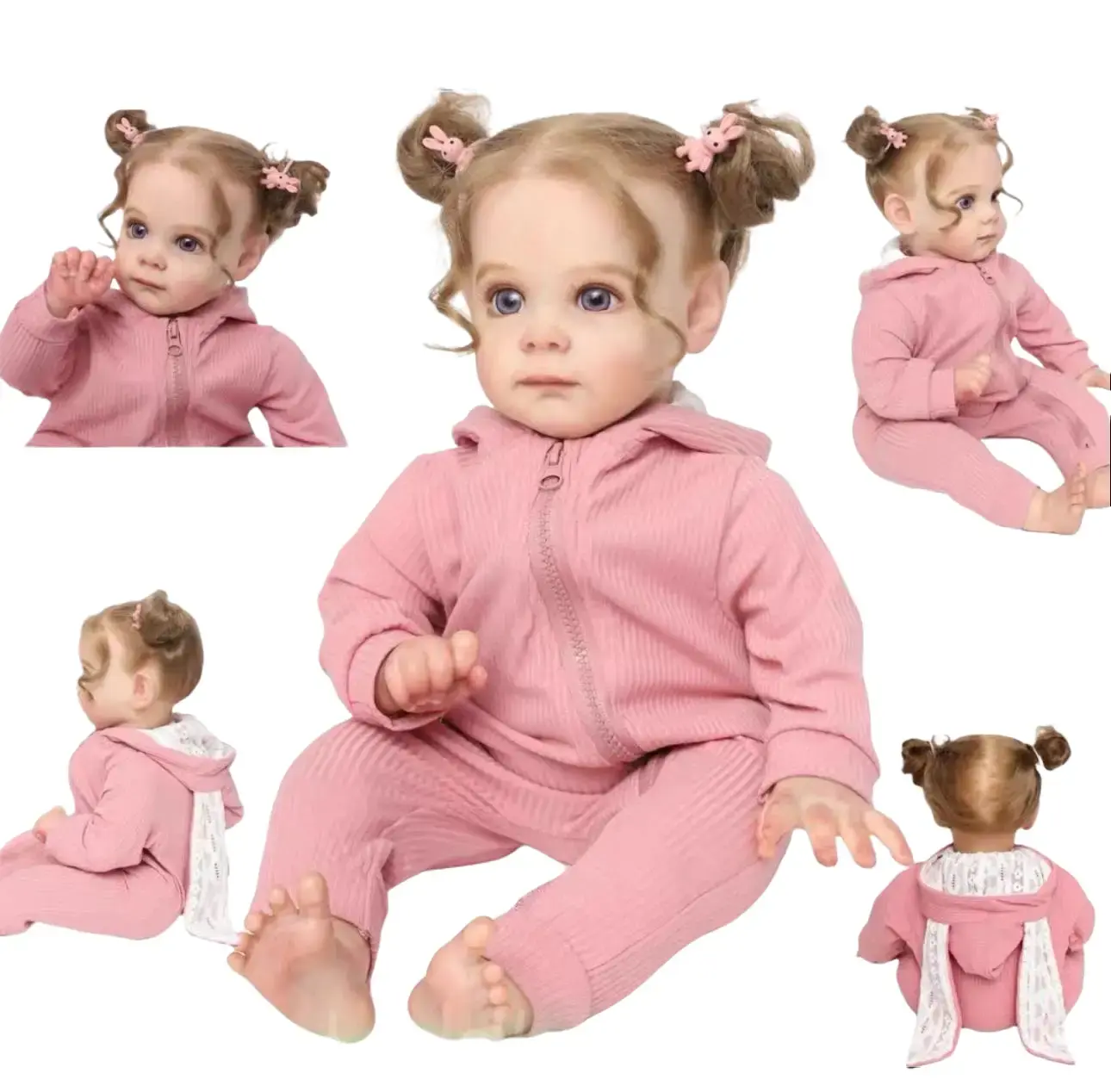 20 Inch 50cm Realistic Reborn Baby Girl Doll, Lifelike Hand-Rooted Curly Hair Reborn Doll with Pink Hooded Jumpsuit, Clear Palm Lines & Sparkling Blue Eyes, Weighted Soft Body Newborn Toy Gift for Kids Collectors