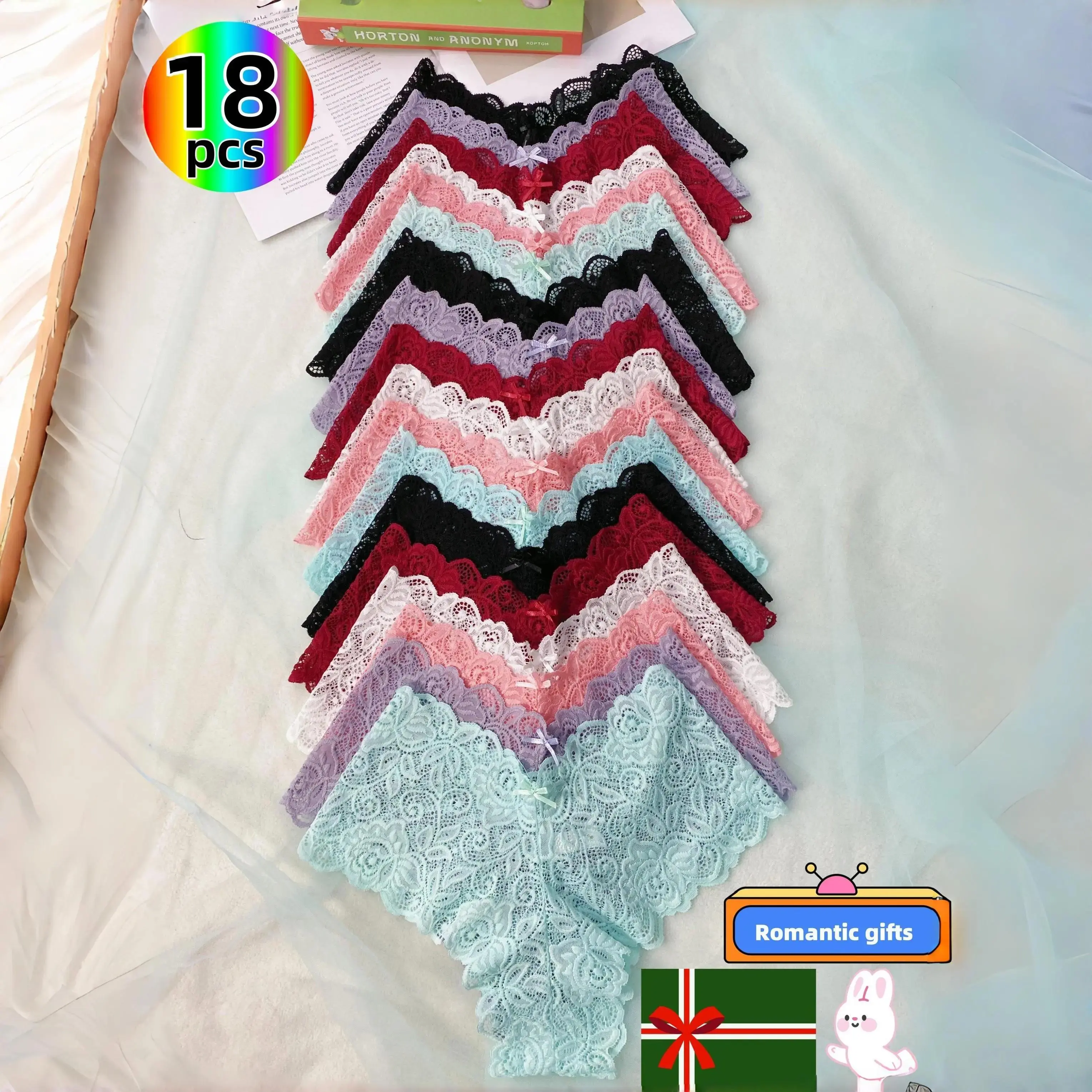 6/18-Pack Women's Lace Bow Panties, Sexy Floral Seamless Underwear, Cooling & Breathable for Summer, Multi-Color Lace. High Rise Cheeky Style, Soft Snug Fit, Ideal for 4th of July, Labor Day, Thanksgiving, Christmas & Mother's Day Womenswear
