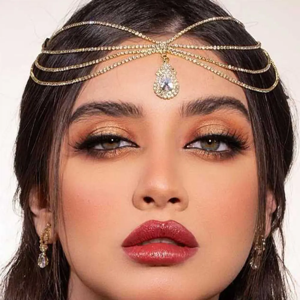 Multi-Layer Water Drop Headdress Bohemian Stylish Water Drop Shiny Rhinestone Female Hair Chain Forehead Ornament Chain