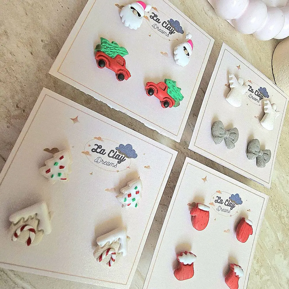 La Clay Dreams Handmade Polymer Clay Earrings - Cute Christmas Studs Pack Collection Featuring Festive Designs. female