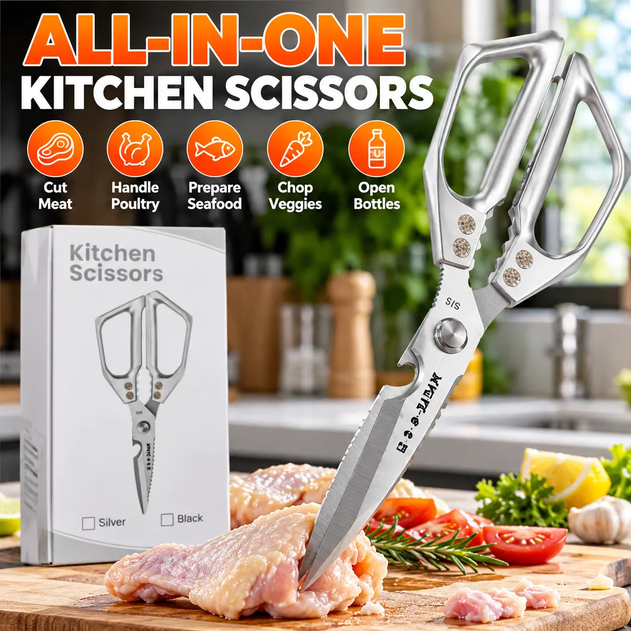 All-Purpose Kitchen Shears, Heavy Duty Stainless Steel Cooking Scissors with Serrated Blades and Sturdy Metal Handles, 9.25 Inch Multipurpose Food Scissors for Cutting Chicken, Meat, Seafood, Fresh Herbs, Kitchen Meal Prep & Outdoor BBQ