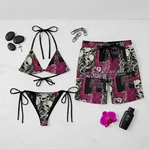Matching Couple Y2K Gothic Swimwear Set – Skull Print Pink Leopard Bikini & Men’s Board Shorts, Alternative Punk Rock Summer Beach Outfit Hot