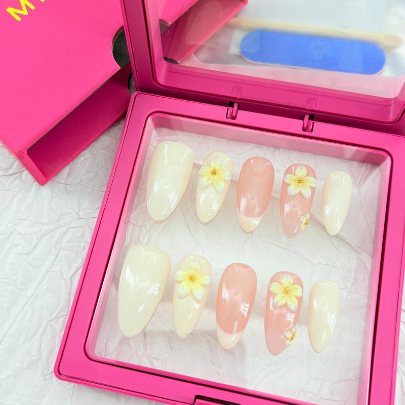 Lilith:CZ1-Pink medium-length 3D flower nails