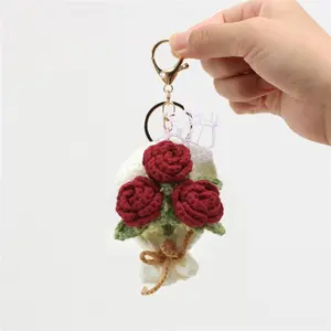 Handcrafted Crochet Sunflower Tulip Rose Flower Bouquet Keychain, Unique Yarn Accessory, Creative Handmade Bag Pendant for Gift Giving