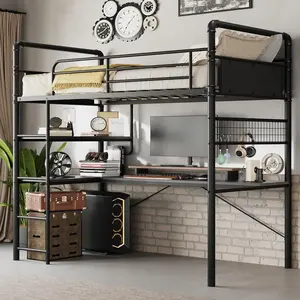 L-Shaped Loft Bunk Bed with Computer for Kids Teens/Adults Easy Assembly-Black