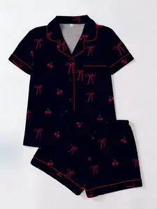 Women's Cherry Bow Printed Sleepwear Set, Casual Fitted Short Sleeve Shorts & Cardigan, All Season Home Wear Two-Piece Suit